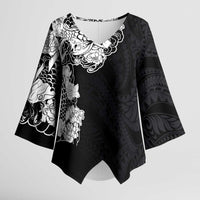 Hawaiian and Japanese Together Kimono Sleeve Blouse Japanese Koi Fish Tattoo and Kakau Pattern Black Color - Polynesian Pride