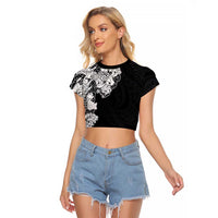 Hawaiian and Japanese Together Raglan Cropped T Shirt Japanese Koi Fish Tattoo and Kakau Pattern Black Color