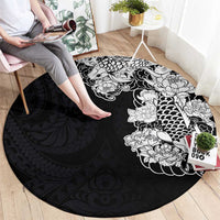 Hawaiian and Japanese Together Round Carpet Japanese Koi Fish Tattoo and Kakau Pattern Black Color LT03 - Polynesian Pride