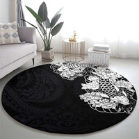 Hawaiian and Japanese Together Round Carpet Japanese Koi Fish Tattoo and Kakau Pattern Black Color LT03 - Polynesian Pride