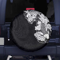 Hawaiian and Japanese Together Spare Tire Cover Japanese Koi Fish Tattoo and Kakau Pattern Black Color