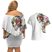 Hawaiian and Japanese Together Couples Matching Off Shoulder Short Dress and Hawaiian Shirt Colorful Traditional Japanese Tattoo and Kakau Pattern White Color