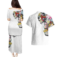 Hawaiian and Japanese Together Couples Matching Puletasi and Hawaiian Shirt Colorful Traditional Japanese Tattoo and Kakau Pattern White Color