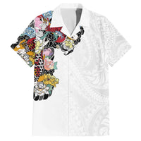 Hawaiian and Japanese Together Family Matching Off The Shoulder Long Sleeve Dress and Hawaiian Shirt Colorful Traditional Japanese Tattoo and Kakau Pattern White Color LT03 Dad's Shirt - Short Sleeve White - Polynesian Pride