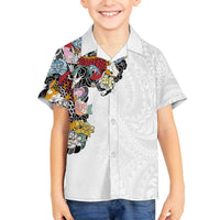 Hawaiian and Japanese Together Family Matching Off Shoulder Short Dress and Hawaiian Shirt Colorful Traditional Japanese Tattoo and Kakau Pattern White Color LT03 Son's Shirt White - Polynesian Pride