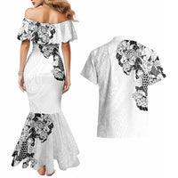Hawaiian and Japanese Together Couples Matching Mermaid Dress and Hawaiian Shirt Japanese Koi Fish Tattoo and Kakau Pattern White Color