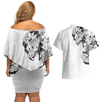 Hawaiian and Japanese Together Couples Matching Off Shoulder Short Dress and Hawaiian Shirt Japanese Koi Fish Tattoo and Kakau Pattern White Color