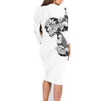 Hawaiian and Japanese Together Family Matching Long Sleeve Bodycon Dress and Hawaiian Shirt Japanese Koi Fish Tattoo and Kakau Pattern White Color