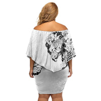 Hawaiian and Japanese Together Family Matching Off Shoulder Short Dress and Hawaiian Shirt Japanese Koi Fish Tattoo and Kakau Pattern White Color
