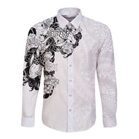 Hawaiian and Japanese Together Long Sleeve Button Shirt Japanese Koi Fish Tattoo and Kakau Pattern White Color LT03 Unisex White - Polynesian Pride