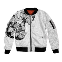 Hawaiian and Japanese Together Sleeve Zip Bomber Jacket Japanese Koi Fish Tattoo and Kakau Pattern White Color LT03 Unisex White - Polynesian Pride