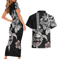 Hawaiian and Japanese Together Couples Matching Short Sleeve Bodycon Dress and Hawaiian Shirt Japanese Culture and Turtle Kakau Tattoo Black Color