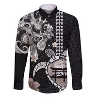 Hawaiian and Japanese Together Family Matching Off The Shoulder Long Sleeve Dress and Hawaiian Shirt Japanese Culture and Turtle Kakau Tattoo Black Color LT03 Dad's Shirt - Long Sleeve Black - Polynesian Pride