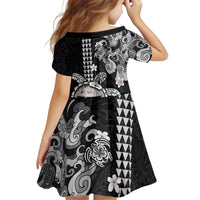 Hawaiian and Japanese Together Kid Short Sleeve Dress Japanese Culture and Turtle Kakau Tattoo Black Color