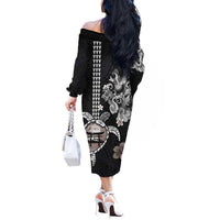 Hawaiian and Japanese Together Off The Shoulder Long Sleeve Dress Japanese Culture and Turtle Kakau Tattoo Black Color