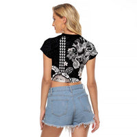 Hawaiian and Japanese Together Raglan Cropped T Shirt Japanese Culture and Turtle Kakau Tattoo Black Color