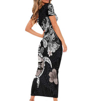 Hawaiian and Japanese Together Short Sleeve Bodycon Dress Japanese Culture and Turtle Kakau Tattoo Black Color