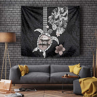 Hawaiian and Japanese Together Tapestry Japanese Culture and Turtle Kakau Tattoo Black Color