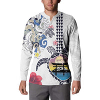 Hawaiian and Japanese Together Button Sweatshirt Japanese Culture and Turtle Kakau Tattoo White Color