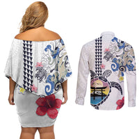 Hawaiian and Japanese Together Couples Matching Off Shoulder Short Dress and Long Sleeve Button Shirt Japanese Culture and Turtle Kakau Tattoo White Color