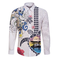 Hawaiian and Japanese Together Family Matching Mermaid Dress and Hawaiian Shirt Japanese Culture and Turtle Kakau Tattoo White Color LT03 Dad's Shirt - Long Sleeve White - Polynesian Pride