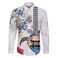 Hawaiian and Japanese Together Family Matching Off Shoulder Short Dress and Hawaiian Shirt Japanese Culture and Turtle Kakau Tattoo White Color LT03 Dad's Shirt - Long Sleeve White - Polynesian Pride