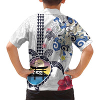 Hawaiian and Japanese Together Family Matching Short Sleeve Bodycon Dress and Hawaiian Shirt Japanese Culture and Turtle Kakau Tattoo White Color