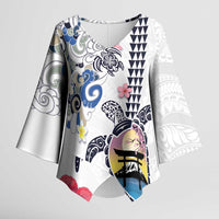 Hawaiian and Japanese Together Kimono Sleeve Blouse Japanese Culture and Turtle Kakau Tattoo White Color - Polynesian Pride
