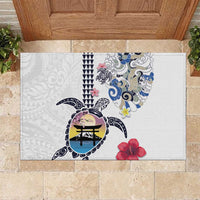 Hawaiian and Japanese Together Rubber Doormat Japanese Culture and Turtle Kakau Tattoo White Color