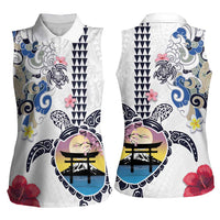 Hawaiian and Japanese Together Women Sleeveless Polo Shirt Japanese Culture and Turtle Kakau Tattoo White Color
