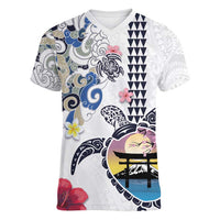 Hawaiian and Japanese Together Women V-Neck T-Shirt Japanese Culture and Turtle Kakau Tattoo White Color