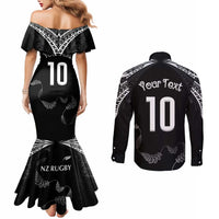 New Zealand Rugby Custom Couples Matching Mermaid Dress and Long Sleeve Button Shirt Aotearoa Armour Blacks Silver Ferns - Polynesian Pride
