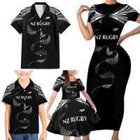 New Zealand Rugby Custom Family Matching Short Sleeve Bodycon Dress and Hawaiian Shirt Aotearoa Armour Blacks Silver Ferns - Polynesian Pride
