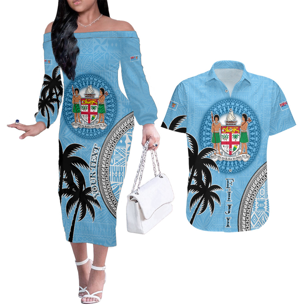 Personalised Fiji Couples Matching Off The Shoulder Long Sleeve Dress and Hawaiian Shirt Tapa Pattern Fijian Coat of Arms and Palm Tree LT03 Blue - Polynesian Pride