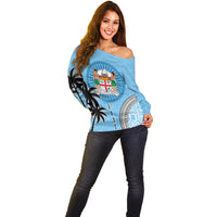 Personalised Fiji Off Shoulder Sweater Tapa Pattern Fijian Coat of Arms and Palm Tree LT03 - Polynesian Pride