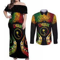 Personalised Chuuk Independence Day Couples Matching Off Shoulder Maxi Dress and Long Sleeve Button Shirt Polynesian Tattoo and Plumeria Reggae Color LT03 Reggae - Polynesian Pride
