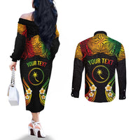 Personalised Chuuk Independence Day Couples Matching Off The Shoulder Long Sleeve Dress and Long Sleeve Button Shirt Polynesian Tattoo and Plumeria Reggae Color LT03 - Polynesian Pride