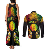 Personalised New Caledonia Independence Day Couples Matching Tank Maxi Dress and Long Sleeve Button Shirt Polynesian Tattoo and Plumeria Reggae Color