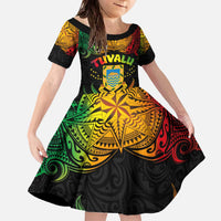 Personalised Tuvalu Independence Day Family Matching Off The Shoulder Long Sleeve Dress and Hawaiian Shirt Polynesian Tattoo and Plumeria Reggae Color LT03 Daughter's Dress Reggae - Polynesian Pride