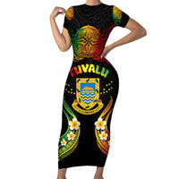 Personalised Tuvalu Independence Day Short Sleeve Bodycon Dress Polynesian Tattoo and Plumeria Reggae Color