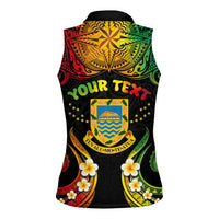 Personalised Tuvalu Independence Day Women Sleeveless Polo Shirt Polynesian Tattoo and Plumeria Reggae Color