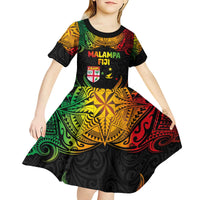Personalised Malampa Fiji Day Kid Short Sleeve Dress Polynesian Tattoo and Plumeria Reggae Color