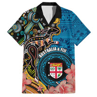Fiji and Australia Kangaroos Family Matching Tank Maxi Dress and Hawaiian Shirt Indigenous Aboriginal and Fijian Masi Tribal Tattoo LT03 Dad's Shirt - Short Sleeve Blue - Polynesian Pride