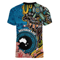 Fiji and Australia Kangaroos Women V-Neck T-Shirt Indigenous Aboriginal and Fijian Masi Tribal Tattoo