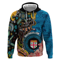 Fiji and Australia Kangaroos Zip Hoodie Indigenous Aboriginal and Fijian Masi Tribal Tattoo LT03 Pullover Hoodie Blue - Polynesian Pride