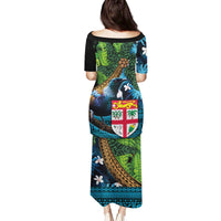 Fiji and New Zealand Tui Bird Family Matching Puletasi and Hawaiian Shirt Koru Fern Leafs and Palm Tree With Plumeria