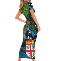Fiji and New Zealand Tui Bird Short Sleeve Bodycon Dress Koru Fern Leafs and Palm Tree With Plumeria