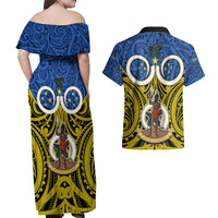 Vanuatu Tafea Province Couples Matching Off Shoulder Maxi Dress and Hawaiian Shirt Pig Tusk Mix Maori Pattern and Namele Leaf LT03 - Polynesian Pride