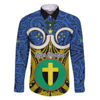 Vanuatu Tafea Province Family Matching Long Sleeve Bodycon Dress and Hawaiian Shirt Pig Tusk Mix Maori Pattern and Namele Leaf LT03 Dad's Shirt - Long Sleeve Blue - Polynesian Pride