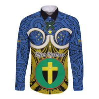 Vanuatu Tafea Province Long Sleeve Button Shirt Pig Tusk Mix Maori Pattern and Namele Leaf LT03 Unisex Blue - Polynesian Pride